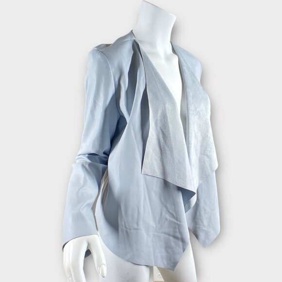 NWT BAGATELLE Light Blue Gray Faux Leather Draped Open Front Jacket, size Small - Picture 4 of 9